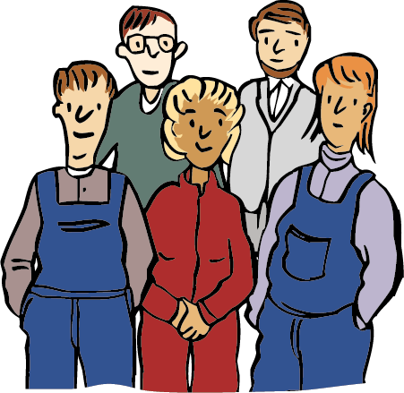 Menschen-Arbeit Fünf Menschen in Arbeits- kleidung